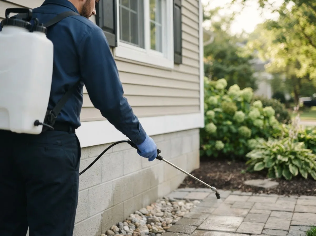 Pest control technician inspecting a home in Nome, TX
